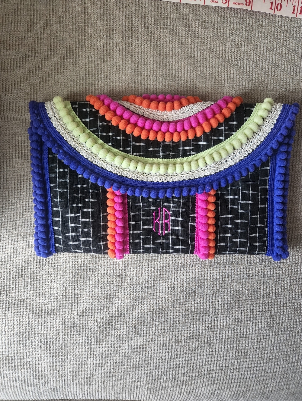 Roberta Roller Rabbit Black Clutch with Multicolor Pom-Poms